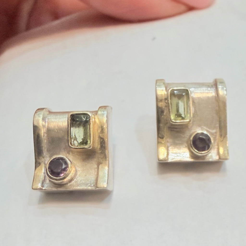 Sterling Silver Stud Earrings With Green And Purple Gemstones